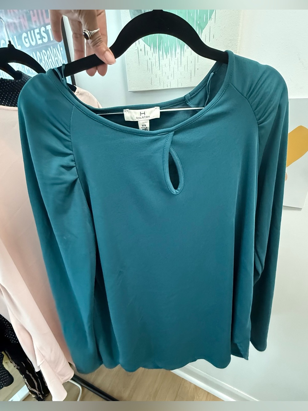 H by Halston Teal Keyhole Ruched Shoulder Long Sleeve Blouse - Size M - Picture 7 of 13